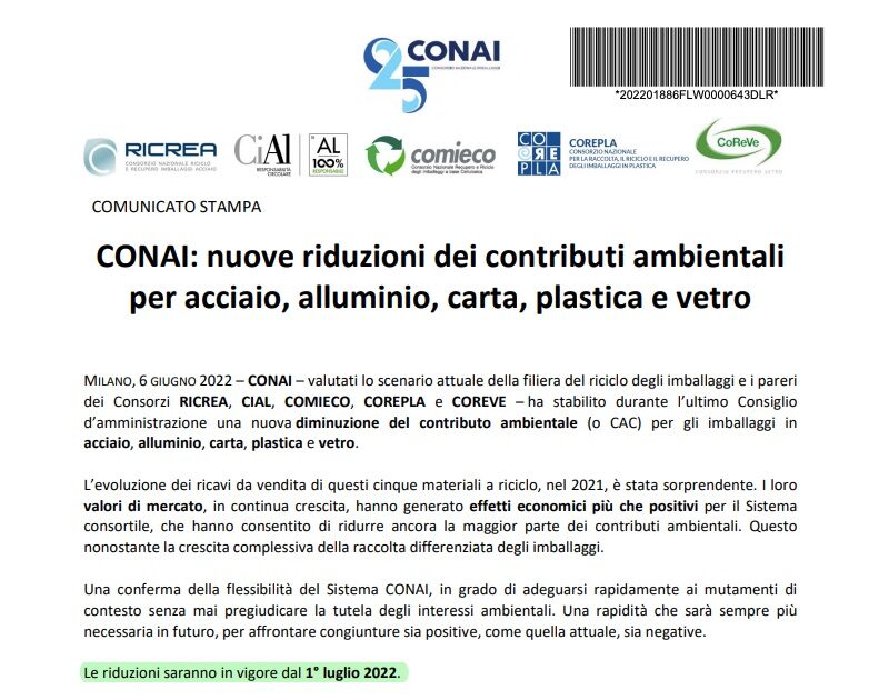 Dal 1° luglio il Contributo Ambientale Conai per carta e cartone passa a 5 euro/t